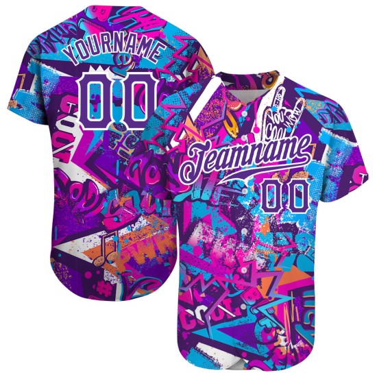 Maillot de baseball 3D personnalisé avec inscriptions blanches et violettes, motif graffiti authentique Maillot de baseball 3D personnalisé avec inscriptions blanches et violettes, motif graffiti authentique
