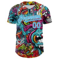Maglia da baseball blu personalizzata con motivo psichedelico 3D autentico rave bianco design cielo Maglia da baseball blu personalizzata con motivo psichedelico 3D autentico rave bianco design cielo