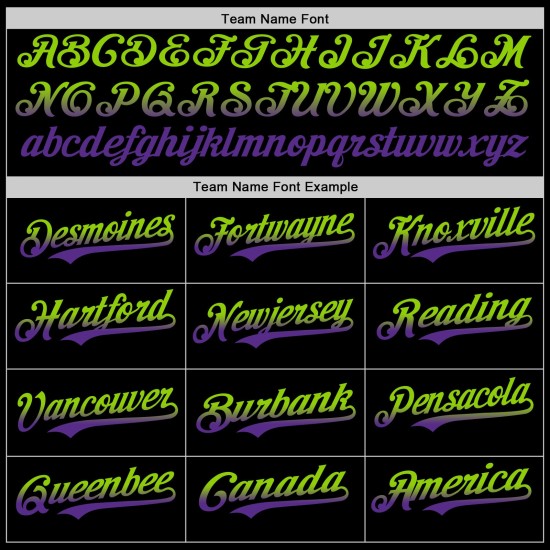 Maglia da baseball personalizzata, autentica, in tinta unita verde-viola sfumata nera, stile neon Maglia da baseball personalizzata, autentica, in tinta unita verde-viola sfumata nera, stile neon