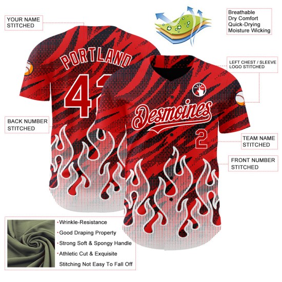 Maglia da baseball rosso fiamma nera e bianca, modello personalizzato, design 3D autentico Maglia da baseball rosso fiamma nera e bianca, modello personalizzato, design 3D autentico
