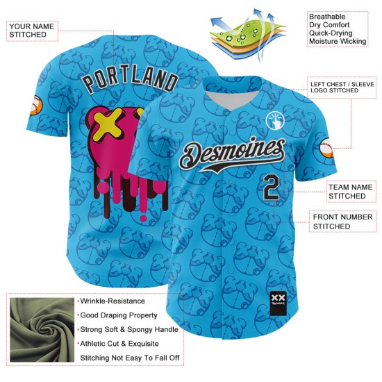 Maglia da baseball Revzzz Sky Bear personalizzata, nera e bianca, 3D Blue Drip, autentica