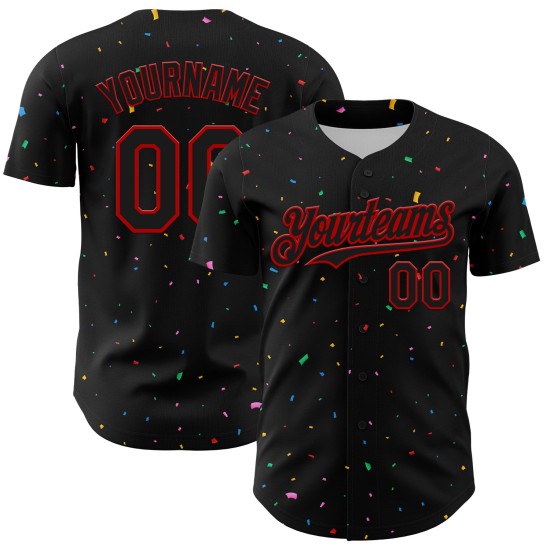 Maglia da baseball personalizzata con motivo a coriandoli 3D autentico rosso nero Maglia da baseball personalizzata con motivo a coriandoli 3D autentico rosso nero