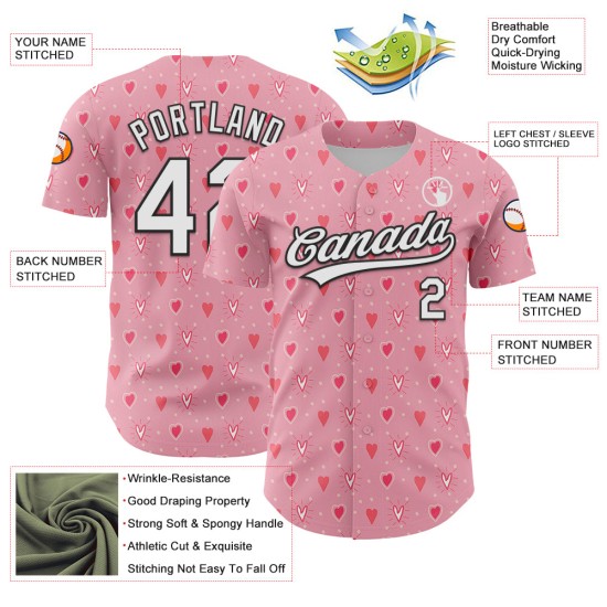 Maglia da baseball autentica rosa, bianca e nera, con cuore 3D, luce e amore, personalizzata per San Valentino Maglia da baseball autentica rosa, bianca e nera, con cuore 3D, luce e amore, personalizzata per San Valentino