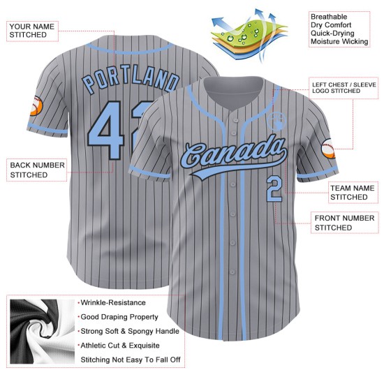 Maillot de baseball gris authentique à rayures bleues et noires claires Maillot de baseball gris authentique à rayures bleues et noires claires
