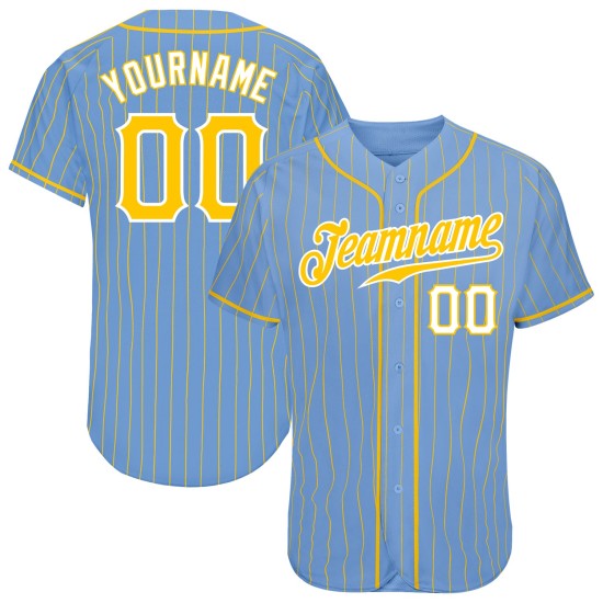 Maillot de baseball personnalisé à rayures bleu clair doré et blanc authentique