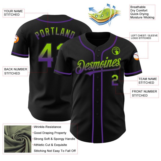 Maglia da baseball personalizzata, autentica, in tinta unita verde-viola sfumata nera, stile neon Maglia da baseball personalizzata, autentica, in tinta unita verde-viola sfumata nera, stile neon