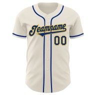 Maglia da baseball autentica color crema personalizzata, colore blu royal e oro