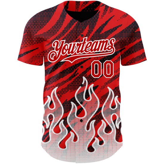 Maglia da baseball rosso fiamma nera e bianca, modello personalizzato, design 3D autentico Maglia da baseball rosso fiamma nera e bianca, modello personalizzato, design 3D autentico