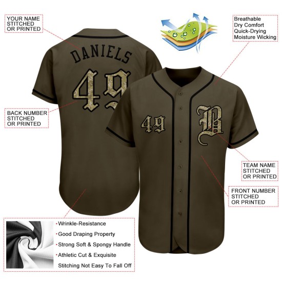 Service Olive personnalisé pour maillot de baseball authentique Salute Camo-Black Service Olive personnalisé pour maillot de baseball authentique Salute Camo-Black