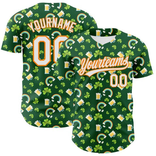 Maglia da baseball autentica 3D Green Shamrock St. Patrick's White-Bay personalizzata Orange Beer