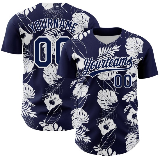 Maglia da baseball tropicale e hawaiana blu navy autentica bianca personalizzata con fiori e foglie 3D Maglia da baseball tropicale e hawaiana blu navy autentica bianca personalizzata con fiori e foglie 3D