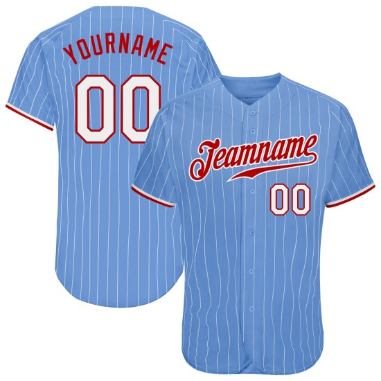 Maglia da baseball azzurra autentica personalizzata a righe bianche e rosse