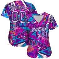 Maillot de baseball 3D personnalisé avec inscriptions blanches et violettes, motif graffiti authentique