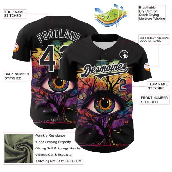Maglia con motivo a maglia nera autentica personalizzata 3D bianca con albero rave baseball eye Maglia con motivo a maglia nera autentica personalizzata 3D bianca con albero rave baseball eye