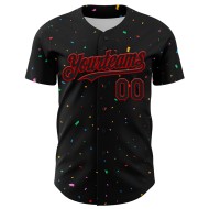 Maglia da baseball personalizzata con motivo a coriandoli 3D autentico rosso nero Maglia da baseball personalizzata con motivo a coriandoli 3D autentico rosso nero