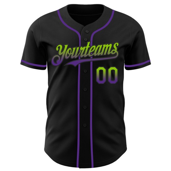 Maglia da baseball personalizzata, autentica, in tinta unita verde-viola sfumata nera, stile neon Maglia da baseball personalizzata, autentica, in tinta unita verde-viola sfumata nera, stile neon